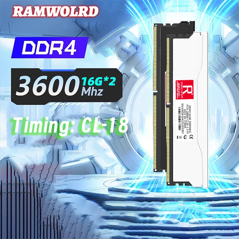 

RAMWORLD DDR4 Memoria Ram Desktop 3600MHz 1.35V CL18-28800 32GB (16GBx2PCS) Game XMP 2.0 Support For Desktop Memory