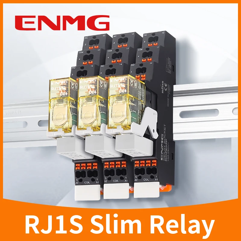 ENMG Slim Relay RJ1S/RJ2S Spring DIN Rail Plug-in 1N1O 5-Pin 12A 24VDC /220VAC High-Capacity Contacts Industrial Automation