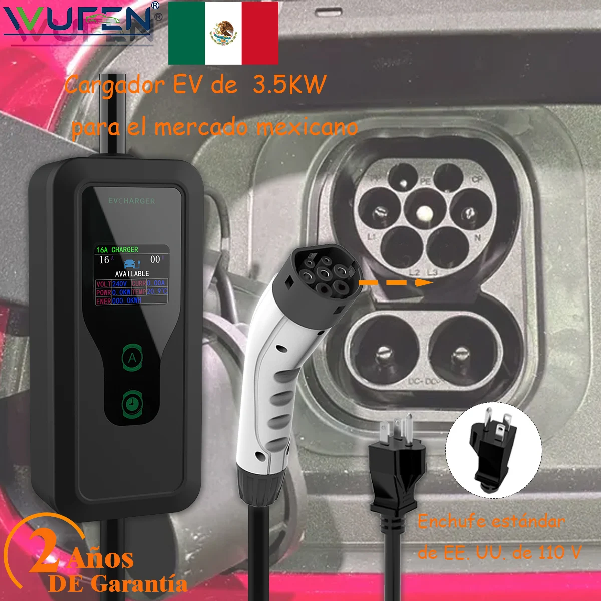 WUFEN Model 2 110V 1760W EV Charger 1Phase Type 2 Electric Car 5M Charging Cable IEC 62196-2 Wallbox for Electric Vehicle Car