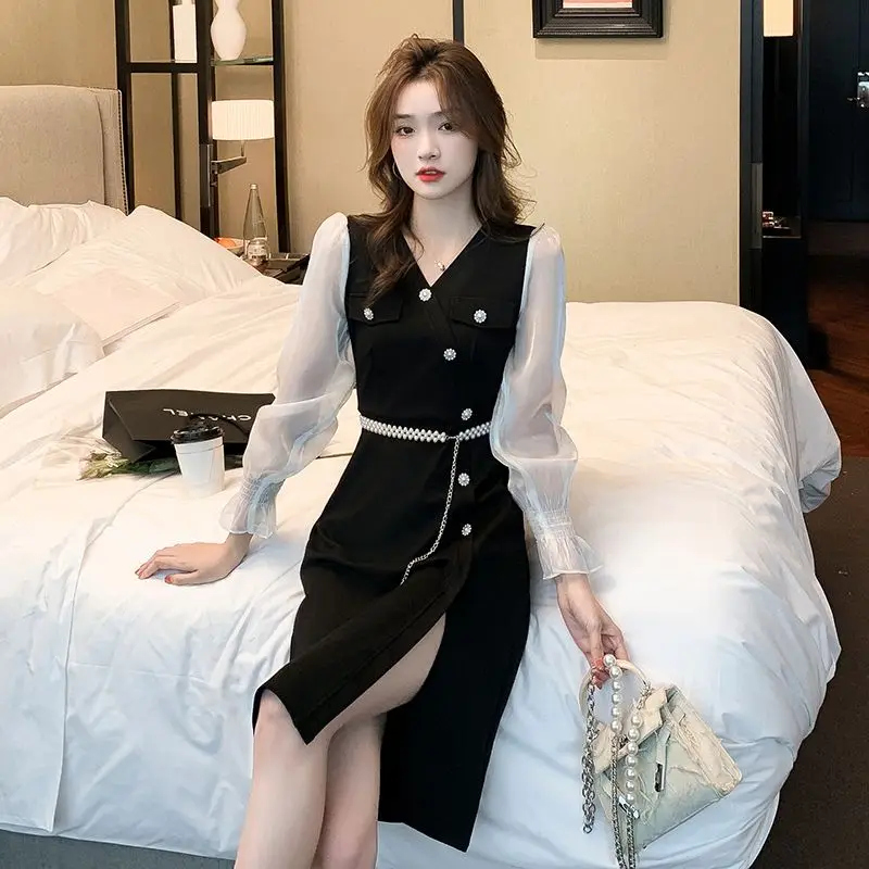 French Socialite Temperament Slim Fit and Slimming Waist Cinching Long Sleeved Dress Women's Mesh Splicing Slit Long Skirt