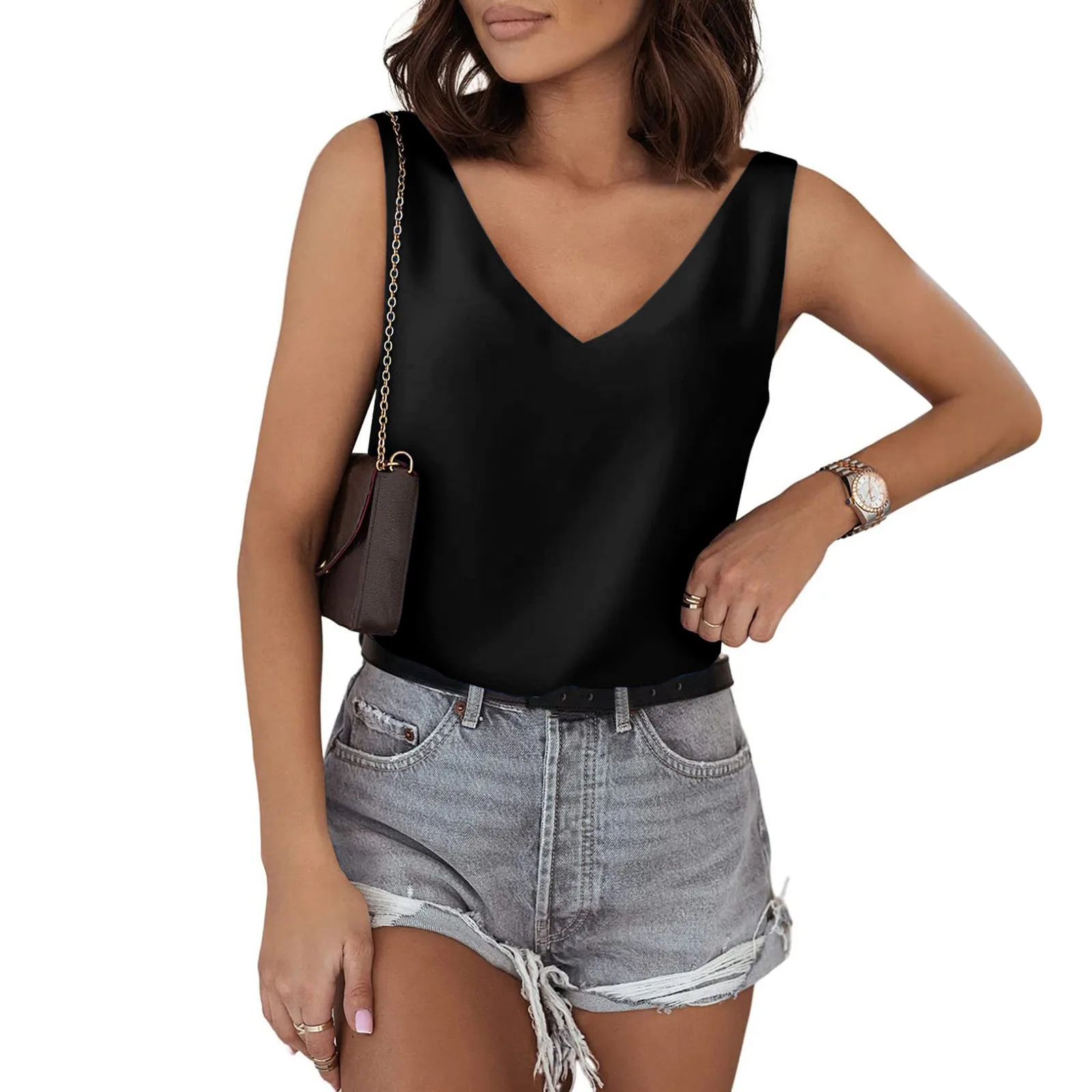 Women's Elegant Silk Satin V Neck Tube Tank Top Solid Sleeveless Camisole Blouse for Summer Basic Camis Tank T Shirt Streetwear