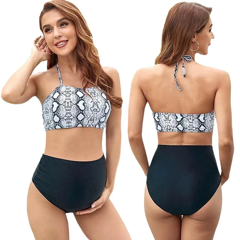 

Maternity Swimwear Women's Sexy Snake Skin Print Tankinis Set Halter High Waist Pregnant Swimsuit Two-pieces Bikini Bathing Suit