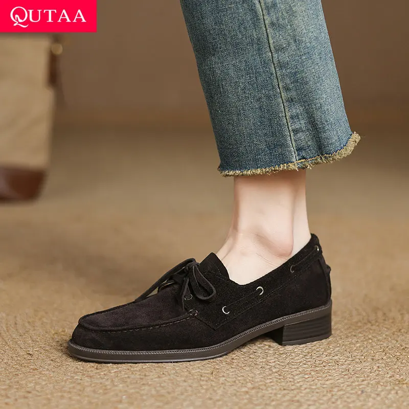 

QUTAA 2026 Spring Casual Women Pumps Classic Med Heels Summer Cow Leather Lace-up Shoes Loafers Woman Retro Style Size 34-43