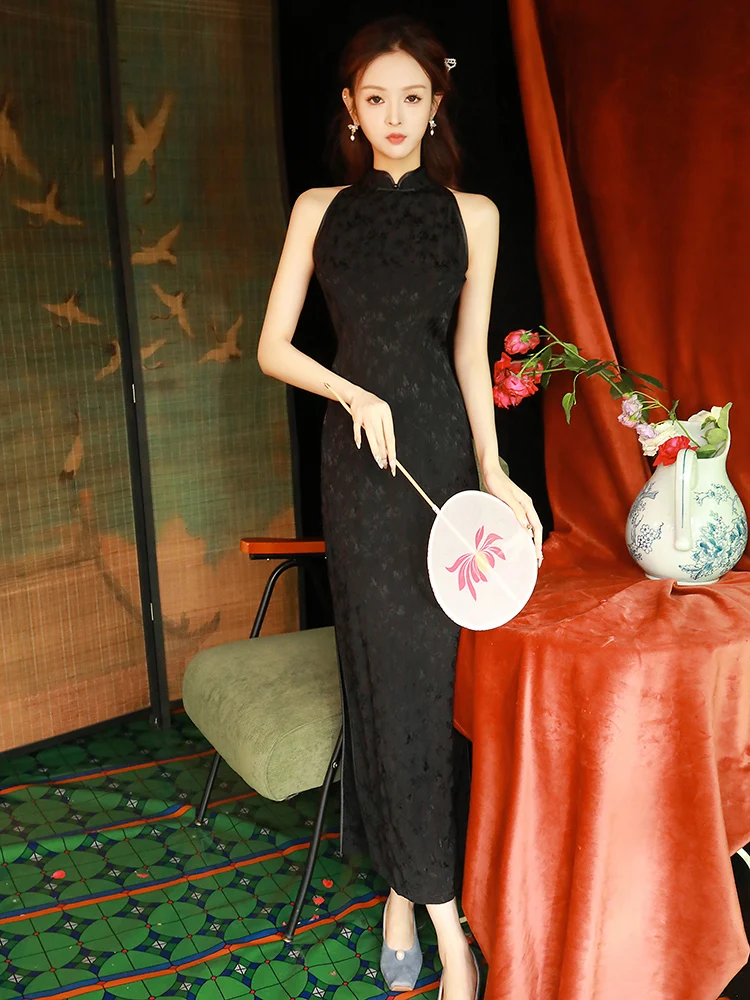 

Ele Bla Long Dr Retro Republic Sle High Quali Daily Wear Simple And Classy for Women Summer 2024