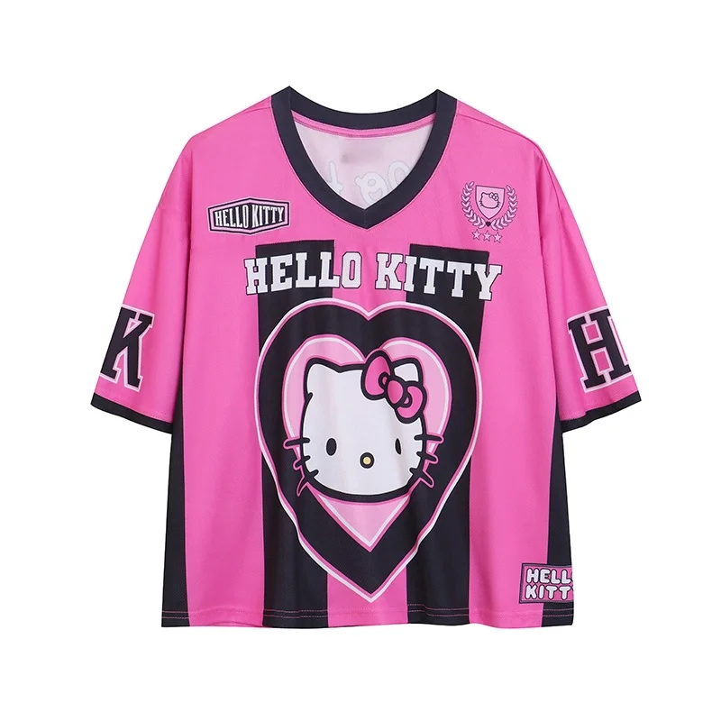 

Летняя бейсбольная футболка «Hello Kitty», спортивная одежда с героями мультфильмов, женские и мужские, с v-образным вырезом, свободные полоски, легкие дышащие женские повседневные топы