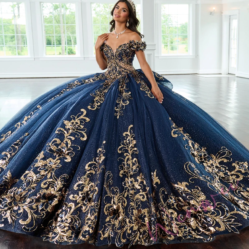 Navy Blue Luxury Gold Appliques Quinceanera Dresses  Off Shoulder Sequin Beads Tull Ball Gown Lace Up Vestidos De 15 Anos Custom