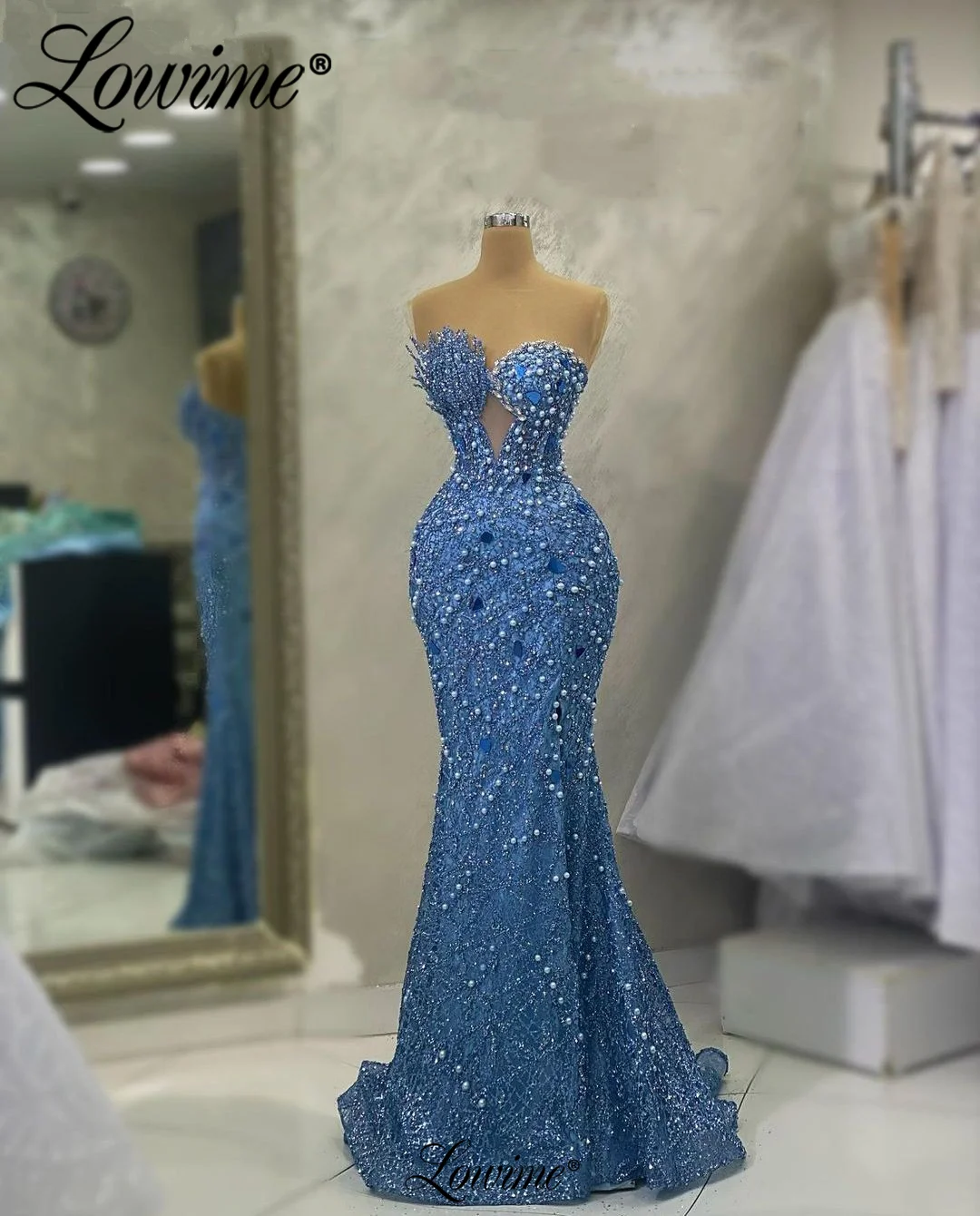 

Lowime Blue Evening Dress Robe De Soiree 2023 Pearl Beaded Party Dresses Mermaid Long Prom Gowns Arabic Celebrity Dresses Custom