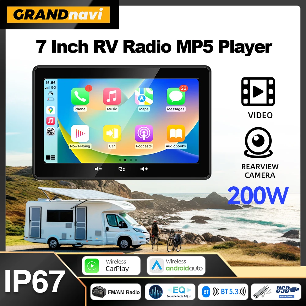 

7inch MP5 Marine Boat RV Radio Wireless CarPlay Android Auto Waterproof Bluetooth FM AM AUX For Boat RV ATV UTV Yacht Golf Cart