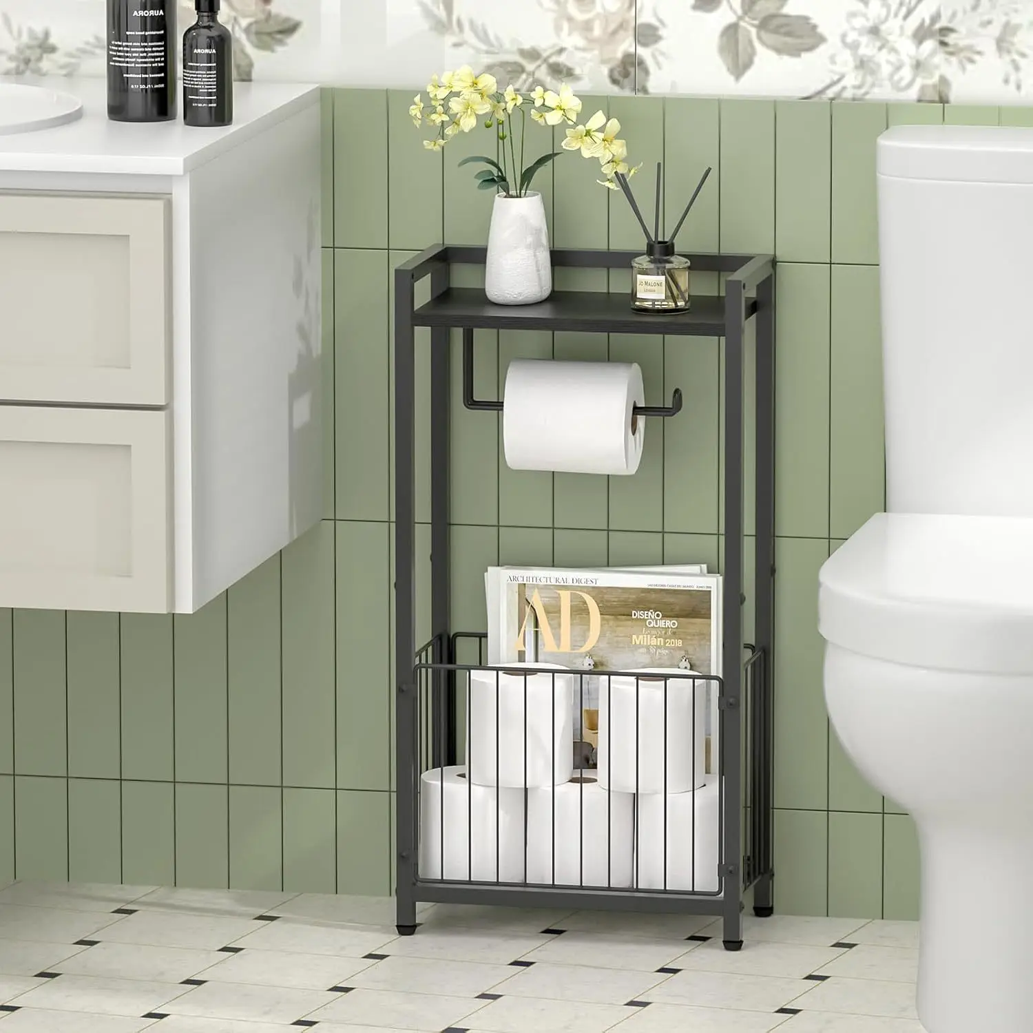 

PYH Floor to Floor Mobile Bathroom Shelf Toilet Paper Holder Storage Multi-layer Storage Basket Household Toilet