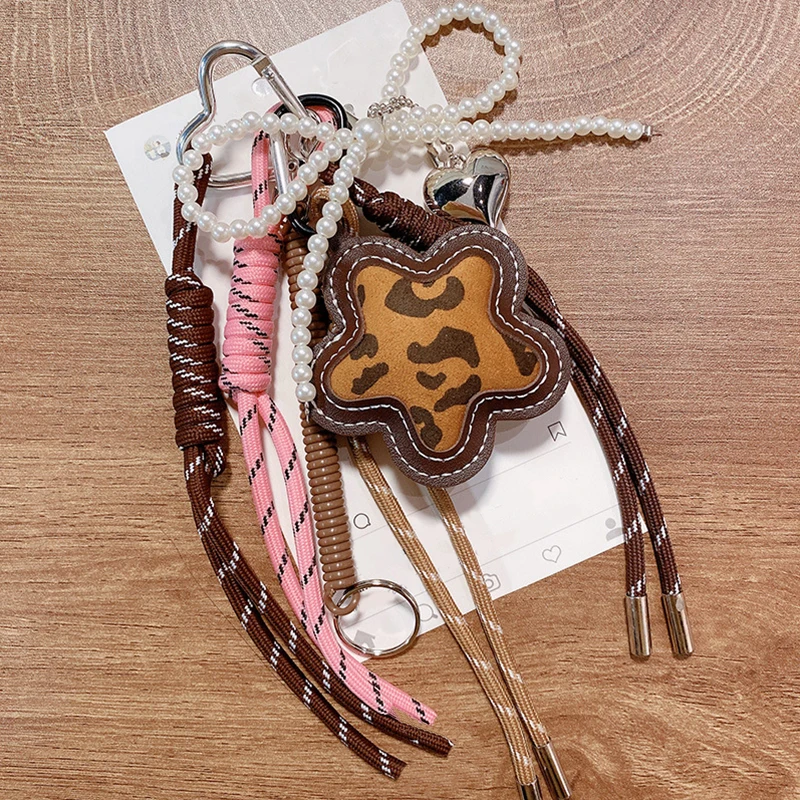 Matte Leopard Print Flower Bag Hanging Exquisite DIY Braided Rope Car Keychain Key Chains for Women