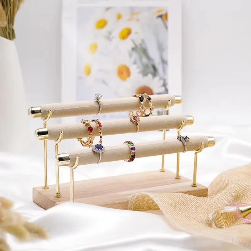 Solid Wood Ring Display Stand Sponge Stick Ring Holder Multi-Layer Detachable Metal Frame - Portable Durable for Home & Shop