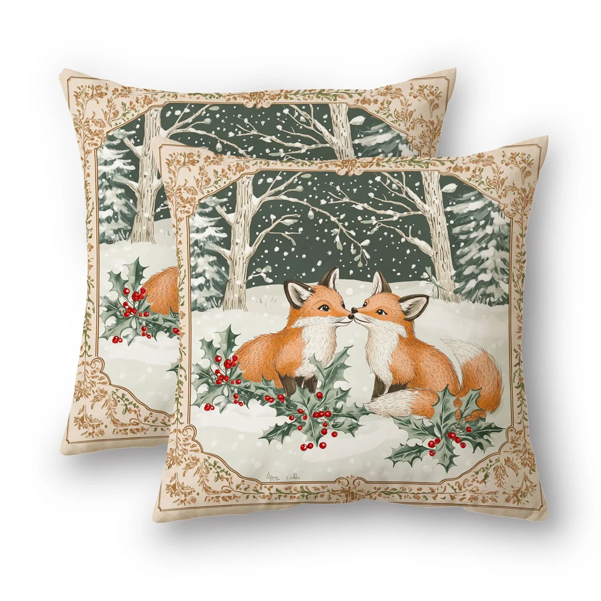 2pcs Vintage Winter Fox & Snowy Forest Pillow Covers 18x18 Inch Polyester Square Cases with Zipper Closure, Machine Washable