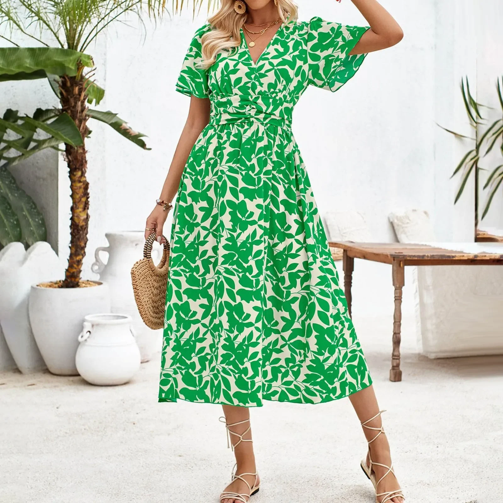 

Fashion Women Dresses Flower Print Woman A-Line Skirt Women Clothing Elegant Women Dresses Summer Casual V-Neck Slit Dress