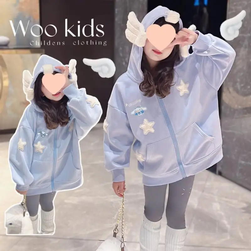 Hello Kittys Hooded Sweatshirt Sanrioed Cinnamoroll Girls Cardigan Fashion Wing Hooded Jacket Warm Coat Spring Autumn Clothes