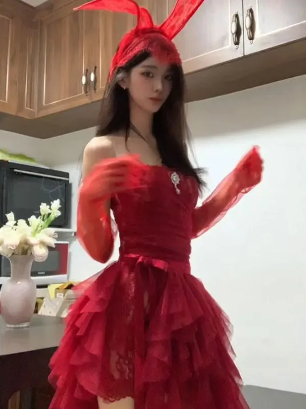 

Red Cisas Unique Beautiful Draped Waist Cinched Strapl Dr Two Piece Set Puffy Winter Skirt Sexy Sle Ci Walk