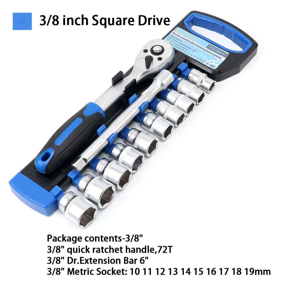 1/4 3/8 1/2 Inch Socket Wrench Set of Keys Reverse Switch Quick Release with Portable Rack