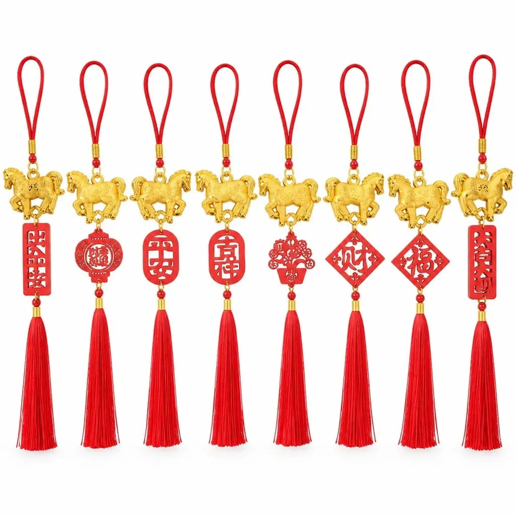 8Pcs Horse Pendant Hanging Ornaments Wooden Indoor Outdoor Chinese New Year Spring Festival Tassel Decoration New Year Decor