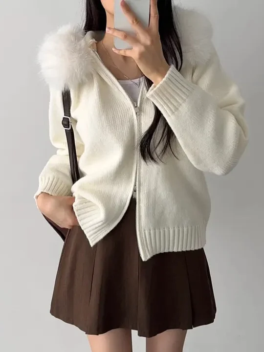 

Korean Faion Double Zipper Hooded Long Sve Knitted Fur Collar Jaet Women Winter New Sle Top Trendy Outerwear