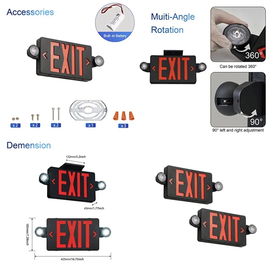 Exit Sign with Emergency Lights, LED Emergency Exit Light with Battery Backup, UL 924 Certified, AC 120/277V, Commercial Emerge