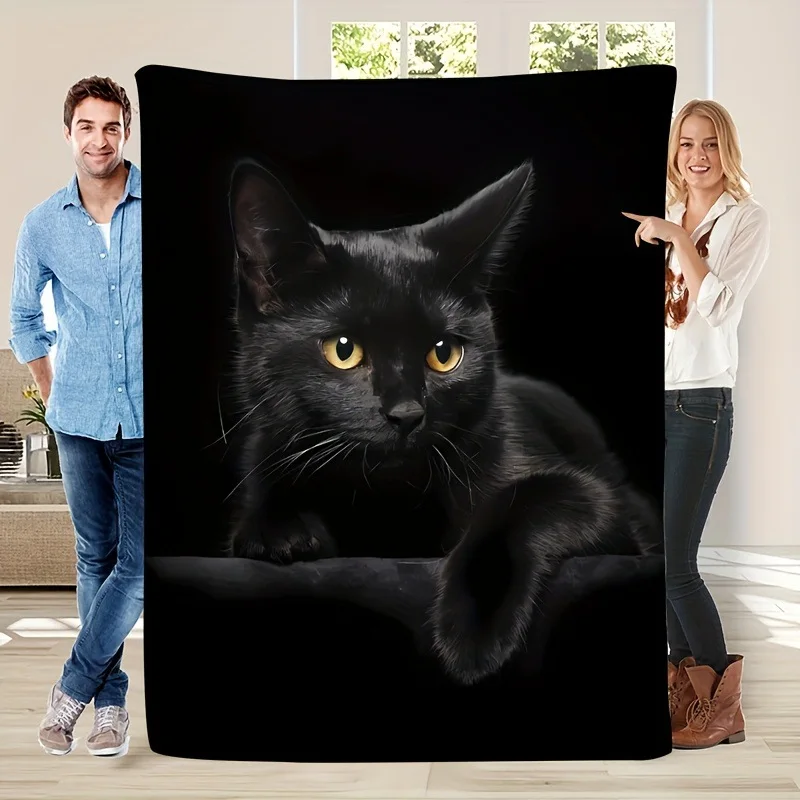 Black Cat Blanket Realistic Yellow Eyes Kitten Portrait Pattern Flannel Bedspread Mystic Animals Fleece Throw For Sofa Couch