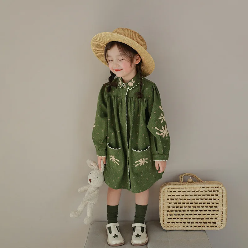 2023 New Autumn Girls\' Embroidered Polo Collar Fragmented Flower Dress Children\'s Contrast Edge Embroidered Tank Top Skirt Trend