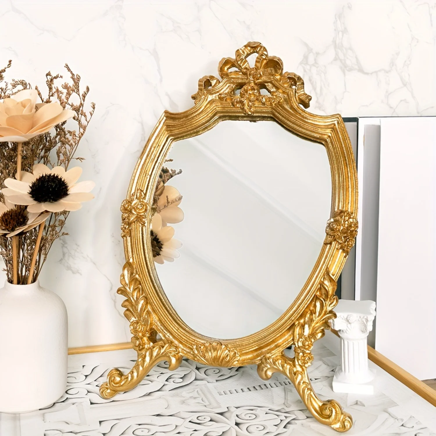 Baroque Style Gold Ornate Vanity Mirror - Vintage French Carved Bow Relief Makeup Mirror, Luxury Decor Accent