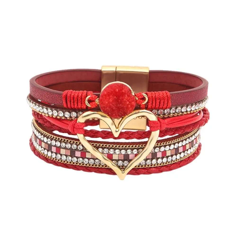 

Модный браслет, многослойный браслет из искусственной кожи со стразами, богемный стиль, плетеное сердце, ювелирные изделия на запястье, женский браслет, веревочный браслет