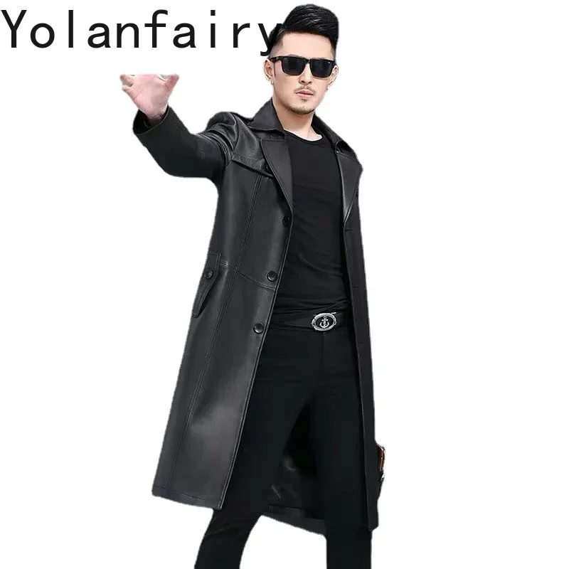 

YOLANFAIRY Genuine Leather Jacket Men Coat Men’s Clothing Super Long Sheepskin Windbreaker Plus Size Leather Coats Man Trend