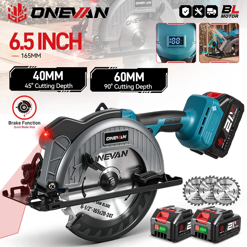 ONEVAN 6,5-Zoll-Akku-Kreissäge mit bürstenlosem Motor, digitalem Display, Holzbearbeitungswerkzeug für Makita 18V-Akku