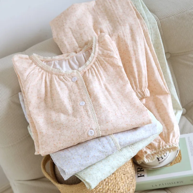 2026 New Women's Pajama Set 100% Cotton Gauze Countryside Style Floral Lace Long Sleeve Long Pants Round Neck Thin Home Clothes