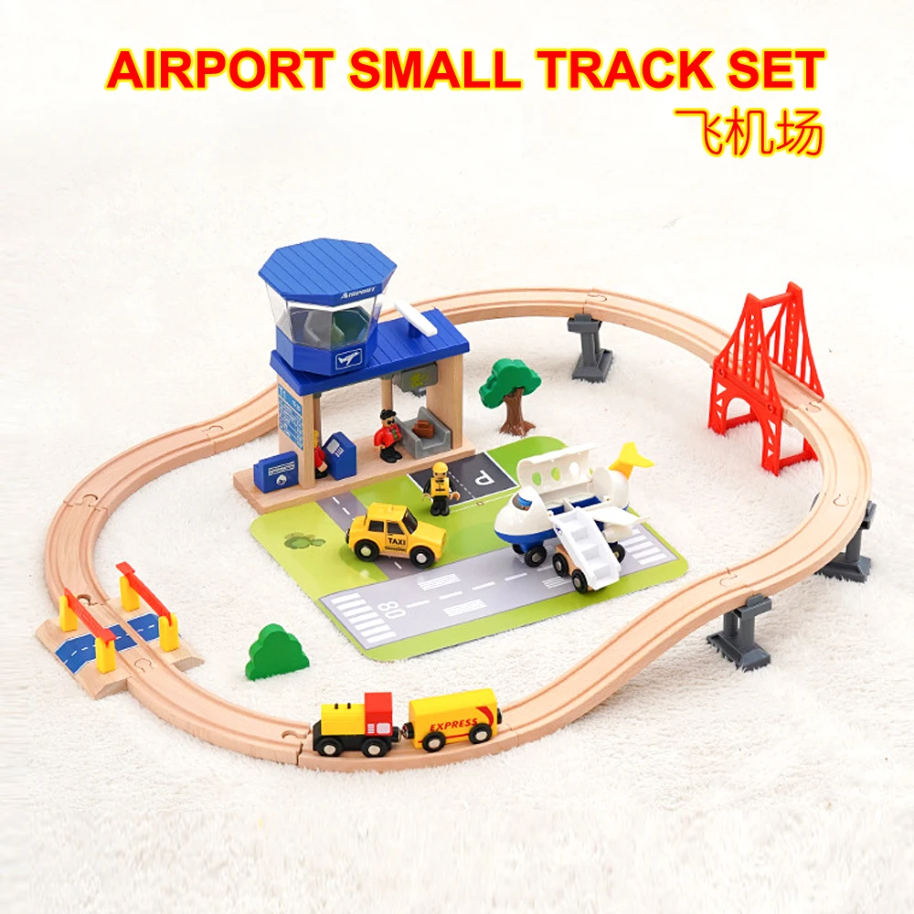 Small Track Set With Airplane Airport Apron Scene Theme, Children's Fun And Puzzle Wooden Train Track Toy Set, XT155