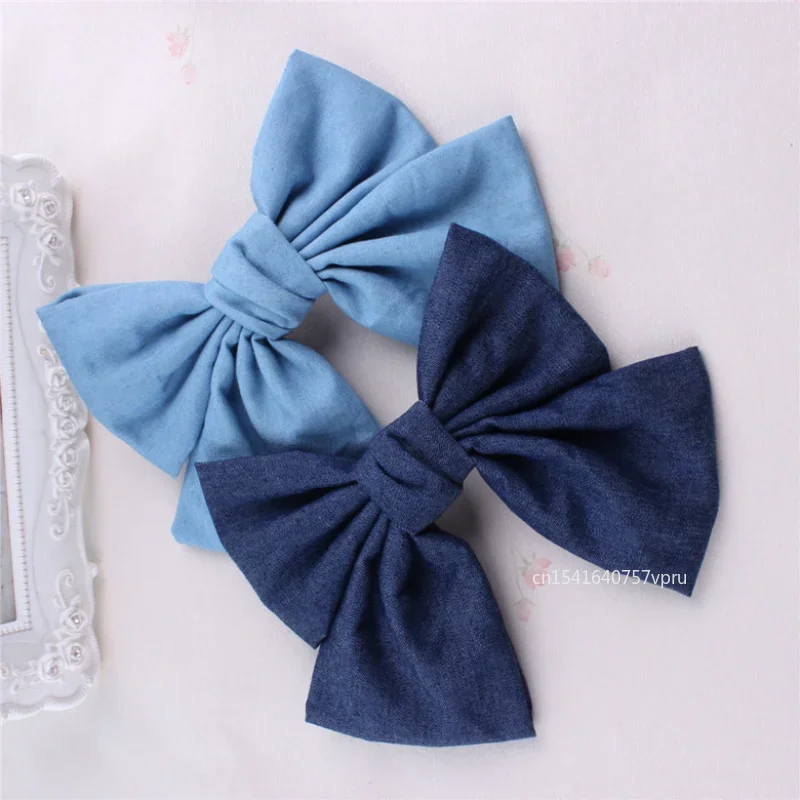 New Women Girls Vintage Soft Solid Denim Bow Barrette Big Size Lovely Bowknot Hair Clips Hairpin Blue Denim Headwear