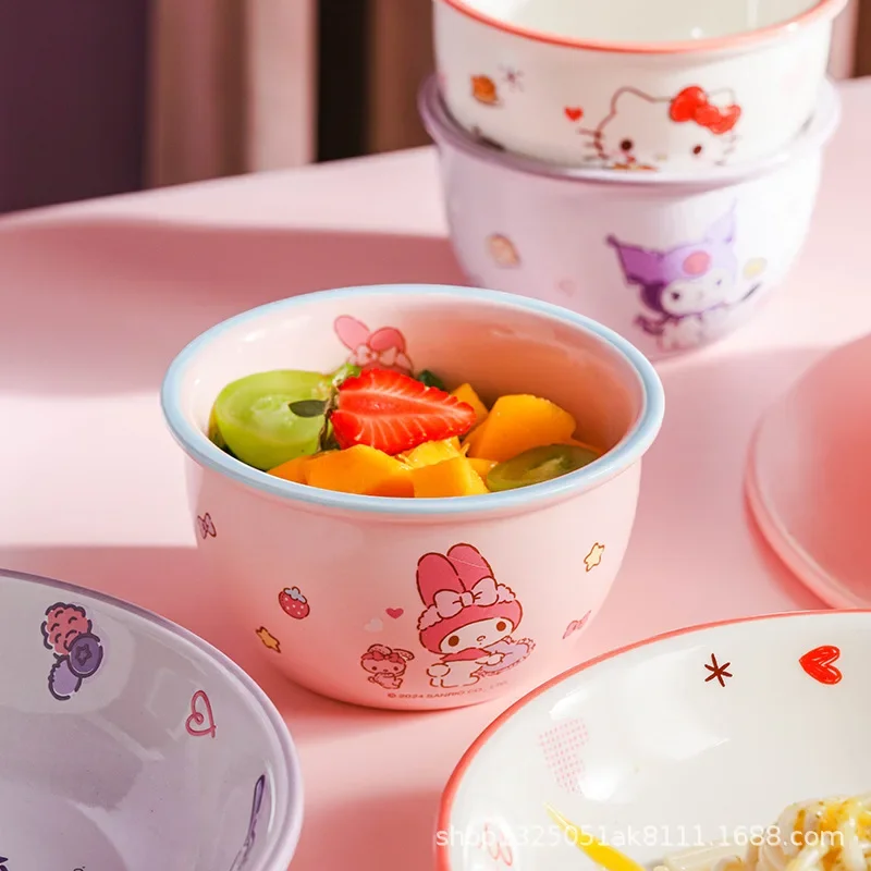 Sanrio Hello Kitty My Melody Anime Kawaii Ins miska ceramiczna Cute Cartoon Cinnamoroll Kuromi miska na zupę sztućce prezenty dla dzieci