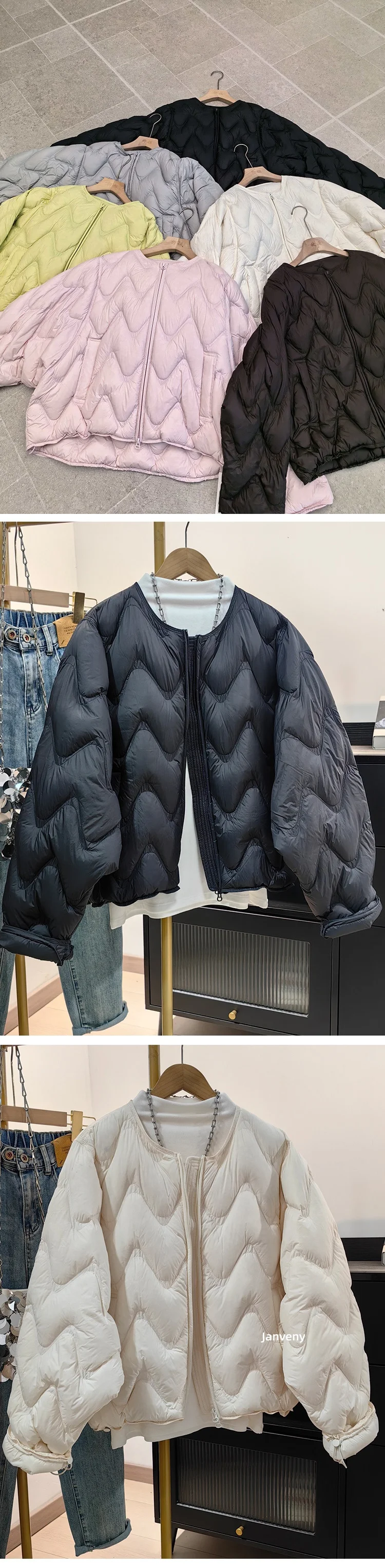 New 2026 Autumn Winter Lightweight Wave Quilted Puffer Jacket Women Loose Round Neck Short White Duck Down Coat Outwear