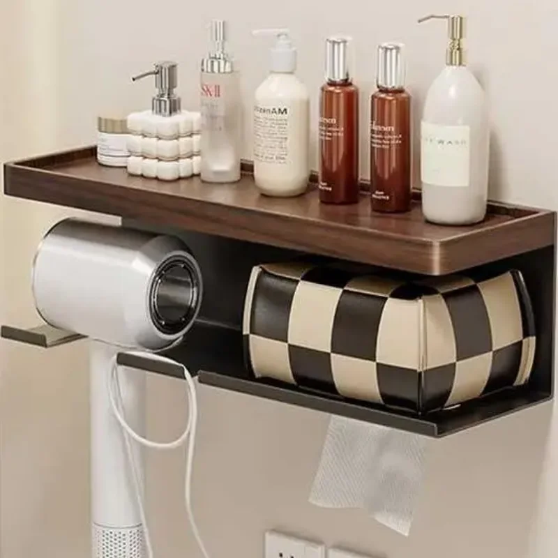 

Solid Wood Hair Dryer Storage Rack Bathroom Wall-Mounted Punch-Free Hair Dryer Shelf Compact Organization Modern Design