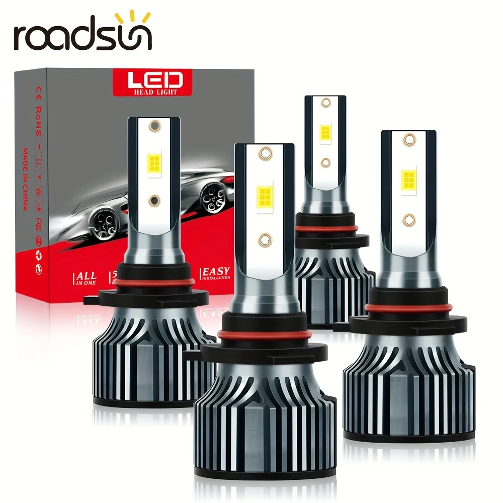 roadsun 4pcs 9005/HB3 9006/HB4 LED Car Headlight Bulbs High Low Beam Combo, 25000LM High Power 6000K White Perfect Beam Mode