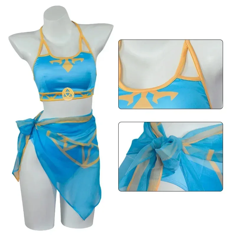 COSPLAY Principessa Zelda Costume da bagno Costumi da bagno estivi Zelda Costume da bagno sexy Cosplay Zelda Orecchie Parrucca diritta dorata Morbido bikini blu