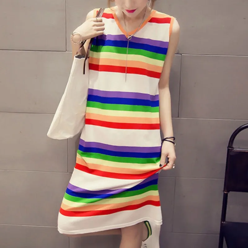 

Korean Summer New Women's V-Neck Color Striped Tie Dye Contrast Color Fashion Casual Simplicity Sleeveless Vest Loose Midi Dress