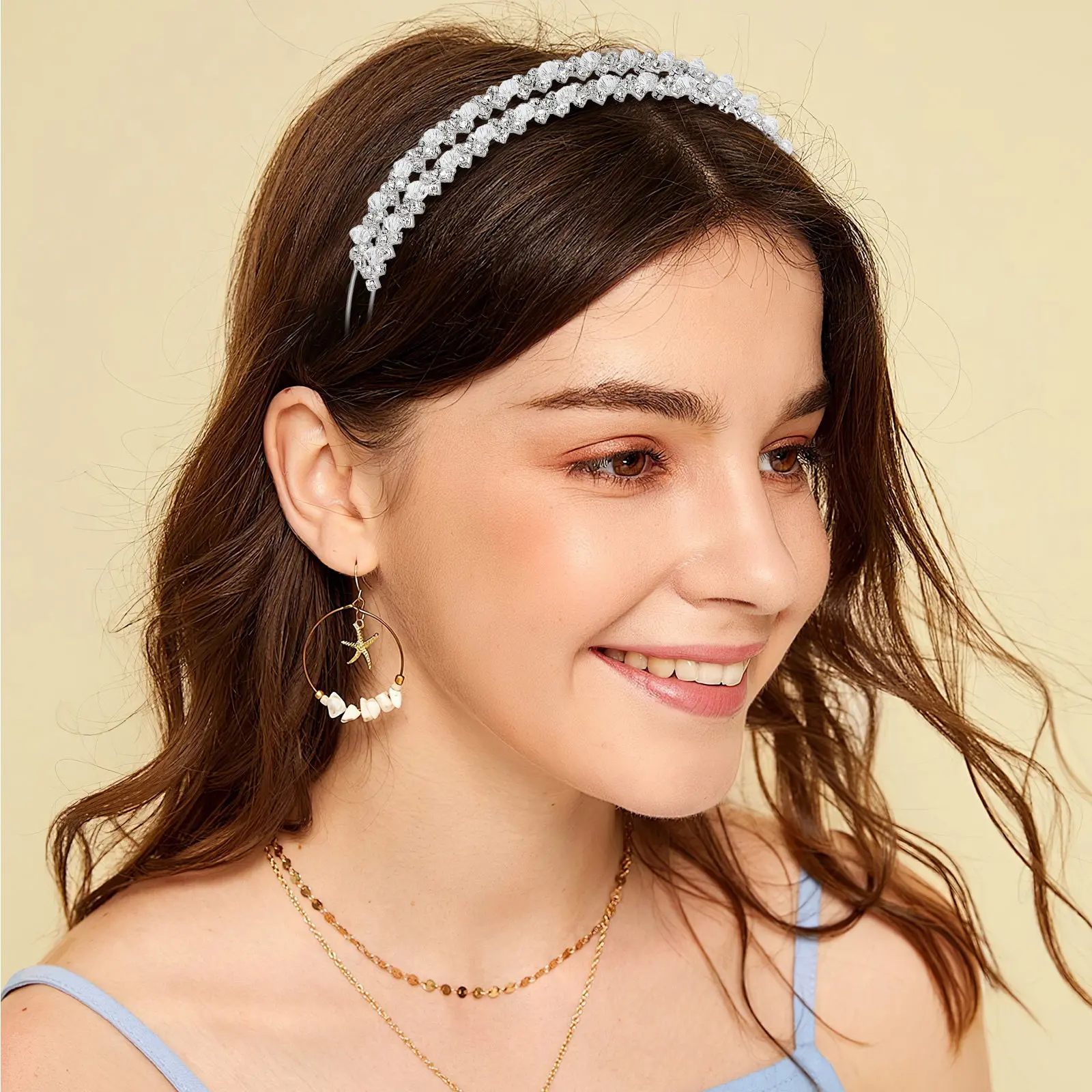 

Rhinestone Encrusted Silver Plated Alloy Bridal Headband Double Layer Sparkling Elegant Hair Band for Wedding Bridal Hair