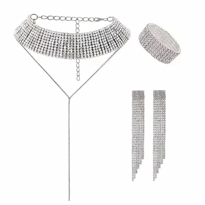 Accessory Bundle Neck Chain Necklace Amazon Hot Item Jewelry Full Diamond Claw Chain Bracelet Earrings Neck Chain 3 Piece Set