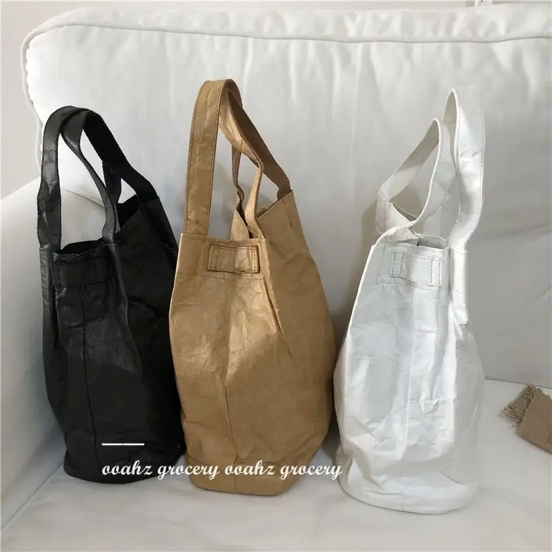 Kraft Paper Bag Women Washable Vintage Folded Corrugated Casual Zipper SOFT Shoulder Bag Handbag Luxury Bag High-Capacity