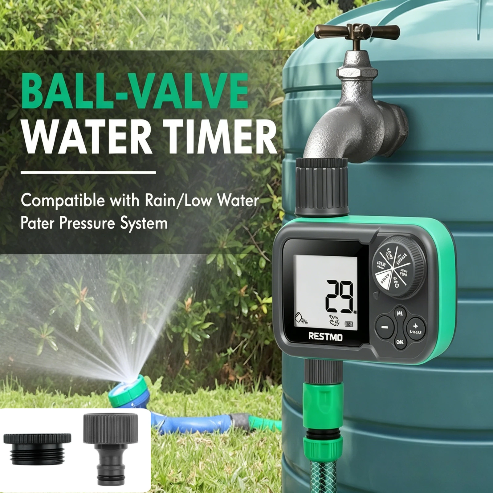 

Таймер для полива сада с шаровым краном 1/2PK, ЖК-экран, контроллер орошения, универсальный соединитель 3/4'', инструменты для наружного шланга и капельного орошения