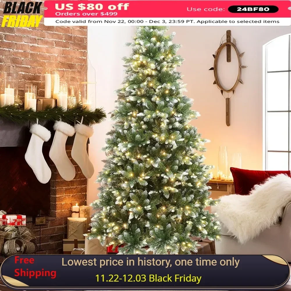 

7.5FT Christmas Tree, Prelit Snow Kissed Artificial Christmas Tree with 500 LED Lights and 2421 Branch Tips