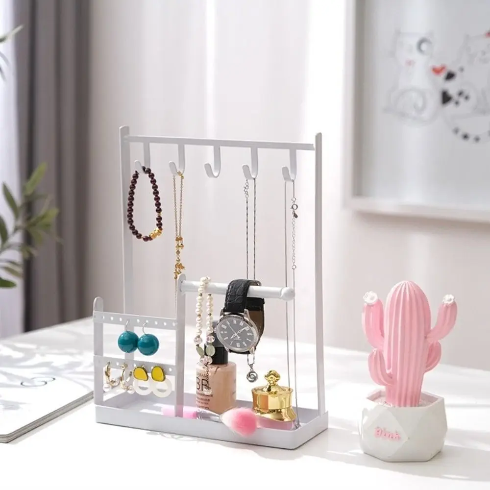 

Metal Jewelry Display Rack Hanging Hook with Tray Dish Earrings Display Stand Multifunctional Desktop Organizer Ear Stud Holder
