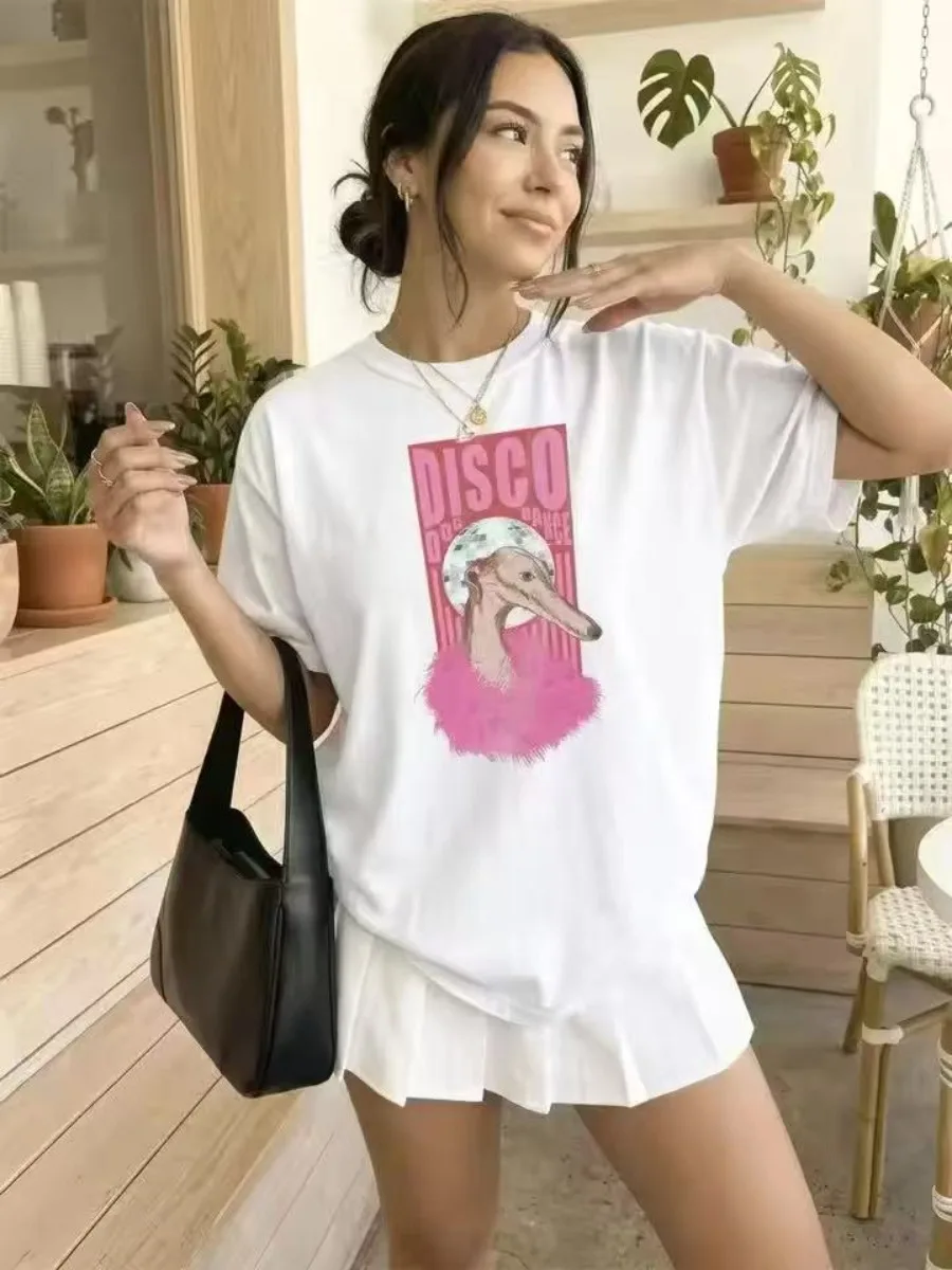 Summer Women's Cotton Short Sleeve T-Shirt Cute Dancing Puppy Print Classic  Loose Fit Soft Versatile Daily Casual Top