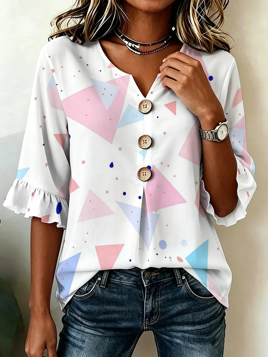 Women Summer Ruffle‑Sleeve V‑Neck Printed Blouse, Minimal Geometric Print Top, Youthful Look for Campus & Fashion Daily