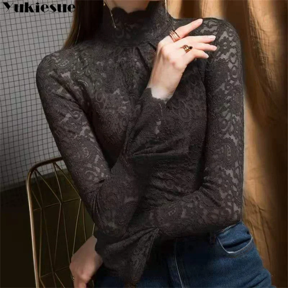 

Elegant Women's summer blouses lace tourleneck casual woman tops women shirt blouse chemise femme blusas long sleeve top