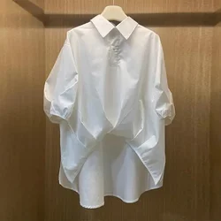 White Short Sleeve Women Shirts Oversized Tops Chic Irregular Temperament Blouses Fashion Casual Vintage Summer Camisas De Mujer