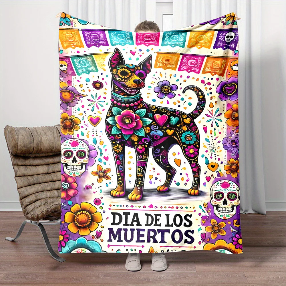 1pc Dia De Los Muertos Dog Print Flannel Throw Blanket - Contemporary Reversible Cartoon Theme All-Season Lightweight Non-Woven