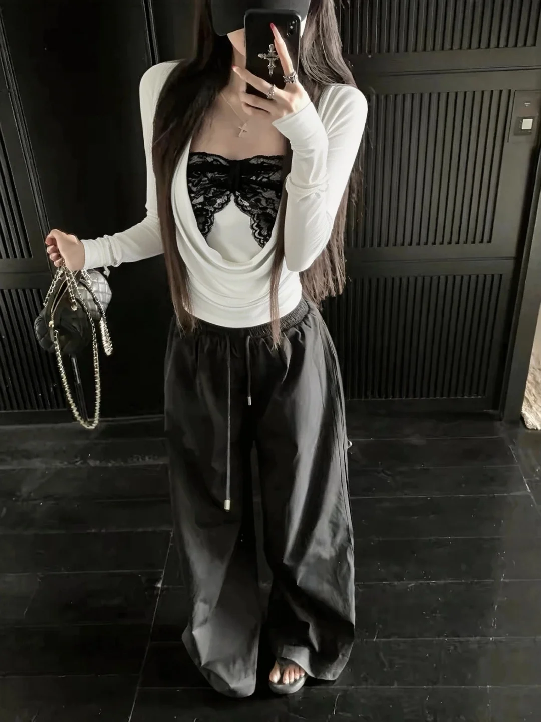Pure Desire Lace Bustier Tank Top Women Early Autumn Swing Collar Slimming Long Sleeve T-Shirt Upper Body Two-Piece Set